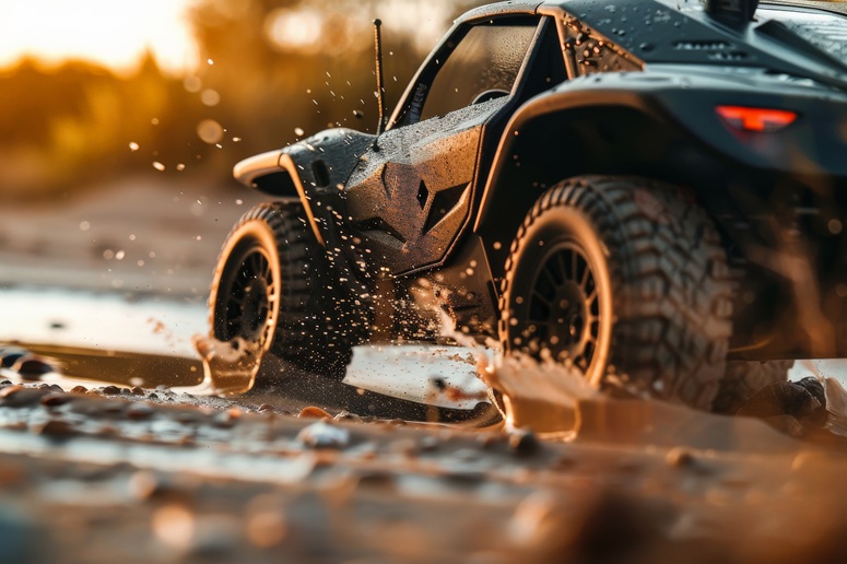 ATV driving through mud at sunset