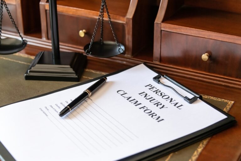 Personal injury claim form on a clipboard with a pen, placed on a desk near a small balance scale and wooden shelves.